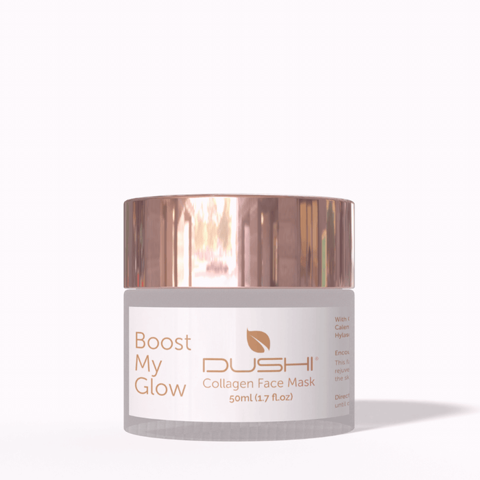 Dushi facial gel mask with collagen-boosting peptides, red seaweed, green tea, vitamin B5 and multiple hyaluronic acids for firmer, hydrated skin; suitable for all skin types