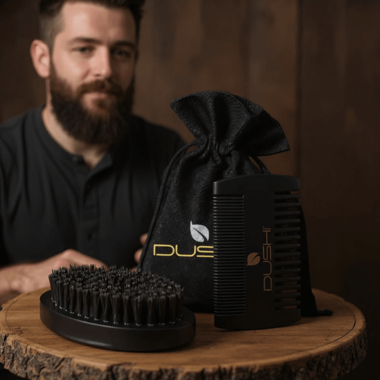 Black dushi grooming brush set with a black bag on a wooden surface, man in background
