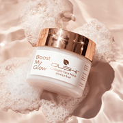Dushi Collagen Face Mask jar with rose gold lid on a textured beige background