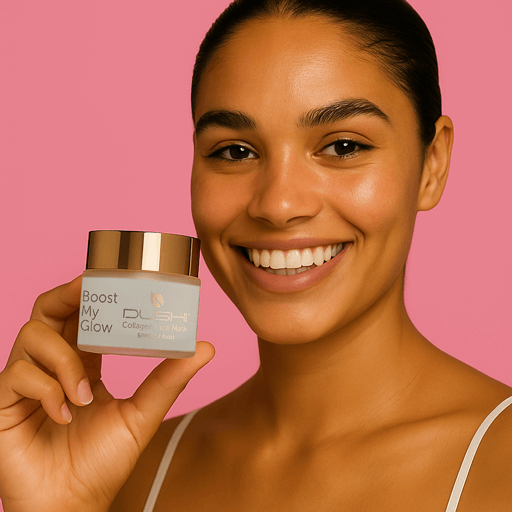 Close-up of a young woman holding a frosted glass jar of DUSHI Collagen Face Mask with rose gold lid, showcasing her glowing skin and natural beauty against a pink background