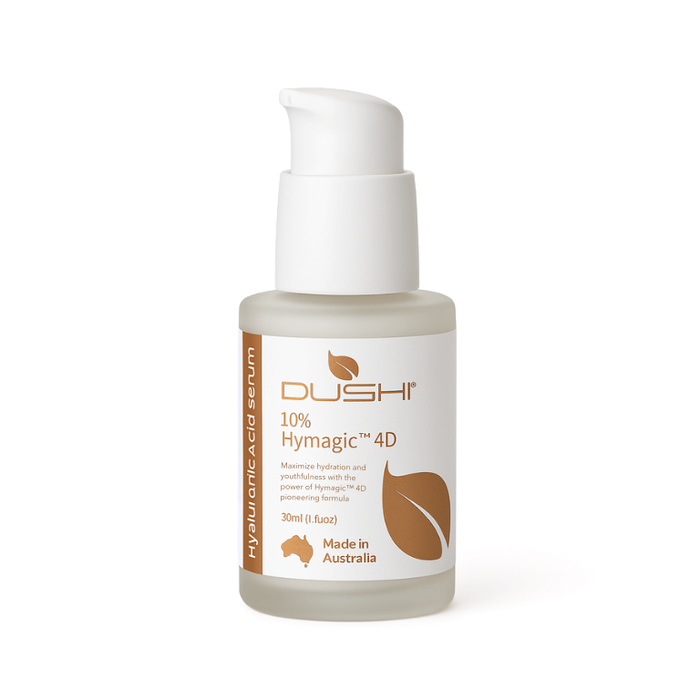 Dushi 10% Hymagic 4D Hyaluronic Acid Serum in a 30ml frosted glass bottle with a white pump dispenser and a white label featuring brown accents.