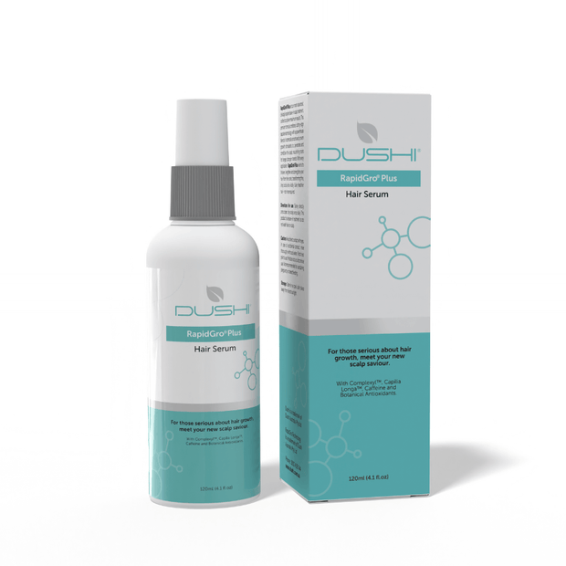 Dushi RapidGro Plus hair serum bottle and packaging on a white background