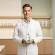 Man in a white lab coat holding a bottle of dushi rapidgro plus serum in a clinical setting